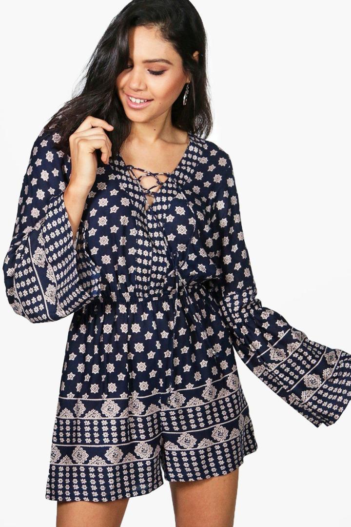 Boohoo Alex Flare Sleeve Border Print Playsuit Navy