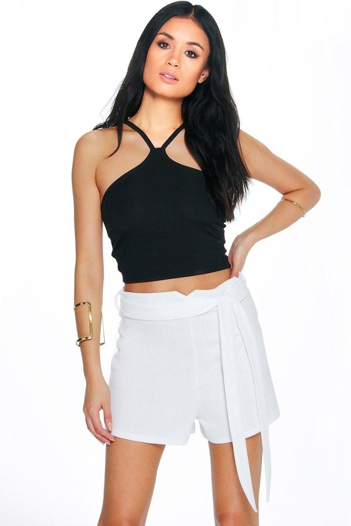 Boohoo Alice Crepe Belted Shorts Ivory