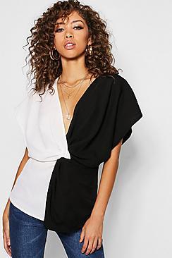 Boohoo Splice Twist Front Blouse