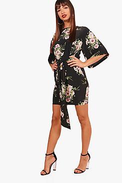 Boohoo Wendy Tie Waist Kimono Sleeve Shift Dress
