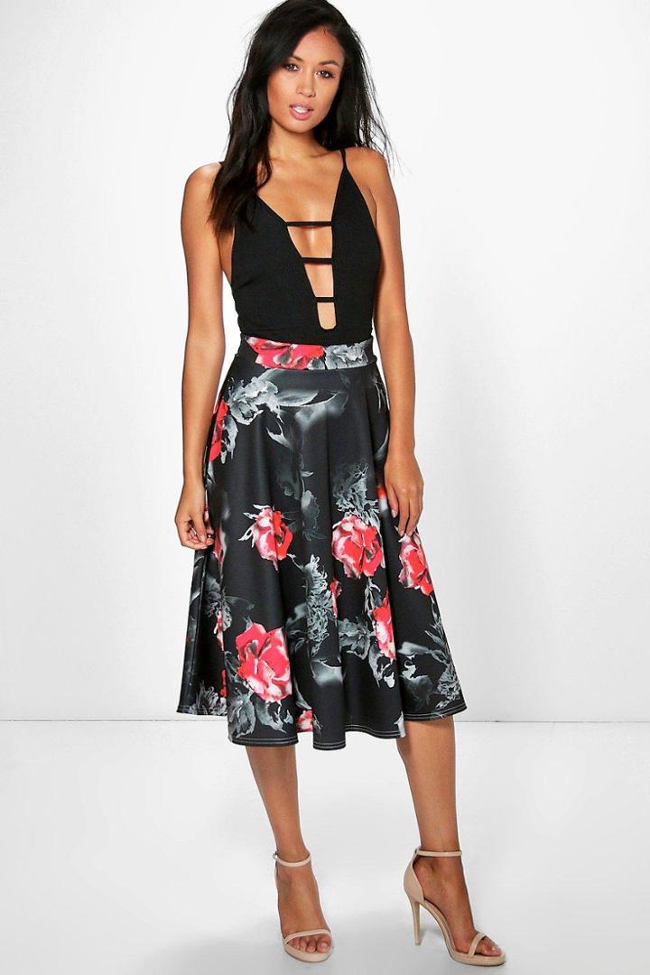 Boohoo Aurelia Large Rose Full Midi Skirt Black