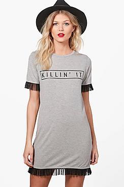 Boohoo Petite Amelia Slogan Mesh Ruffle Oversized Tee