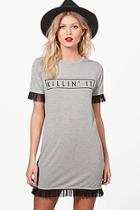Boohoo Petite Amelia Slogan Mesh Ruffle Oversized Tee