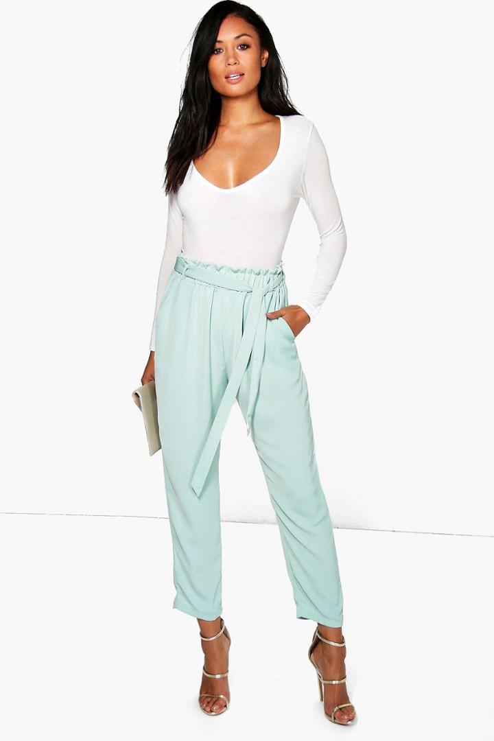 Boohoo Aletta Gathered Tie Waist Tailored Trousers Sage
