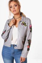 Boohoo Plus Ellie Embroidered Studded Biker Jacket Grey