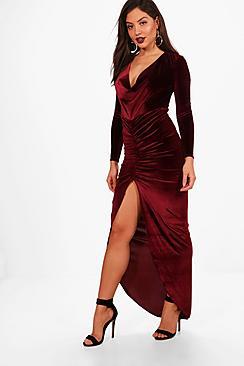 Boohoo Cowl Neck Velvet Draped Maxi Dress