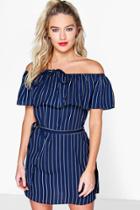 Boohoo Daria Pinstripe Off The Shoulder Dress Navy
