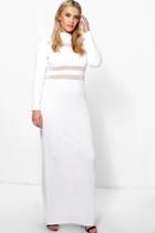 Boohoo Jordyn Crepe Long Sleeve Mesh Panel Maxi Dress Ivory