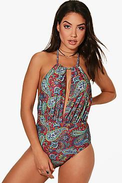 Boohoo Phuket Paisley Deep Plunge Halter Swimsuit