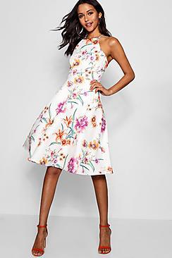 Boohoo Floral Strappy Midi Skater Dress