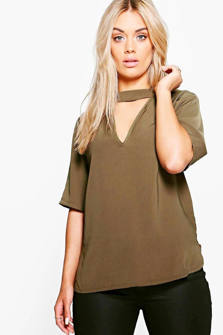 Boohoo Plus Melody Open Neck Blouse Khaki