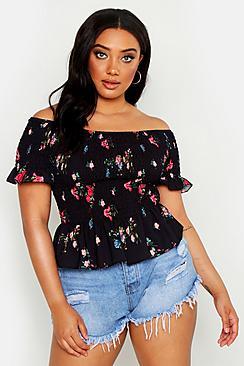 Boohoo Plus Floral Gypsy Shirred Top
