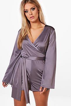 Boohoo Plus Alana Slinky Flared Sleeve Tie Playsuit