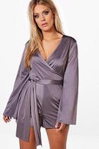 Boohoo Plus Alana Slinky Flared Sleeve Tie Playsuit