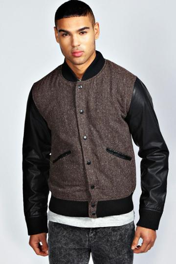 Boohoo Tweed Leather Look Bomber Jacket - Brown