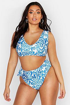 Boohoo Plus Baraque Frill High Waist Bikini