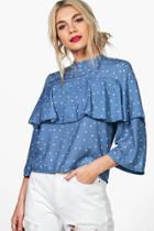 Boohoo Heidi Star Print Ruffle Blouse Blue