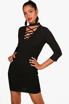 Boohoo Orelle Lace Up Front High Neck Bodycon Dress