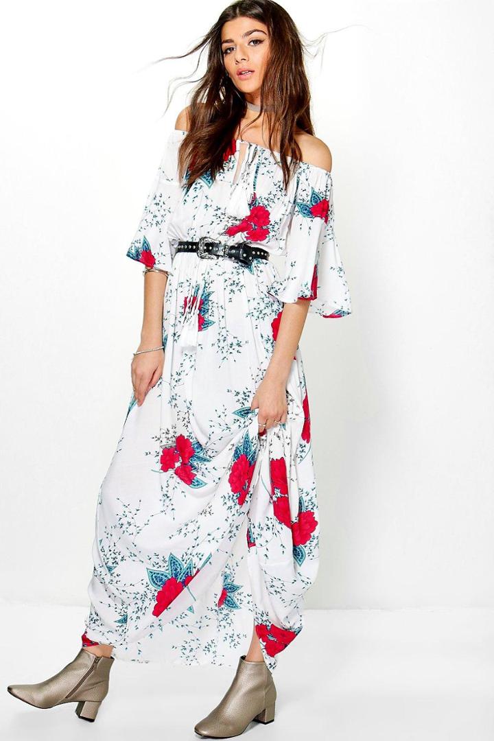 Boohoo Joy Floral Off Shoulder Tassle Tie Maxi Dress White