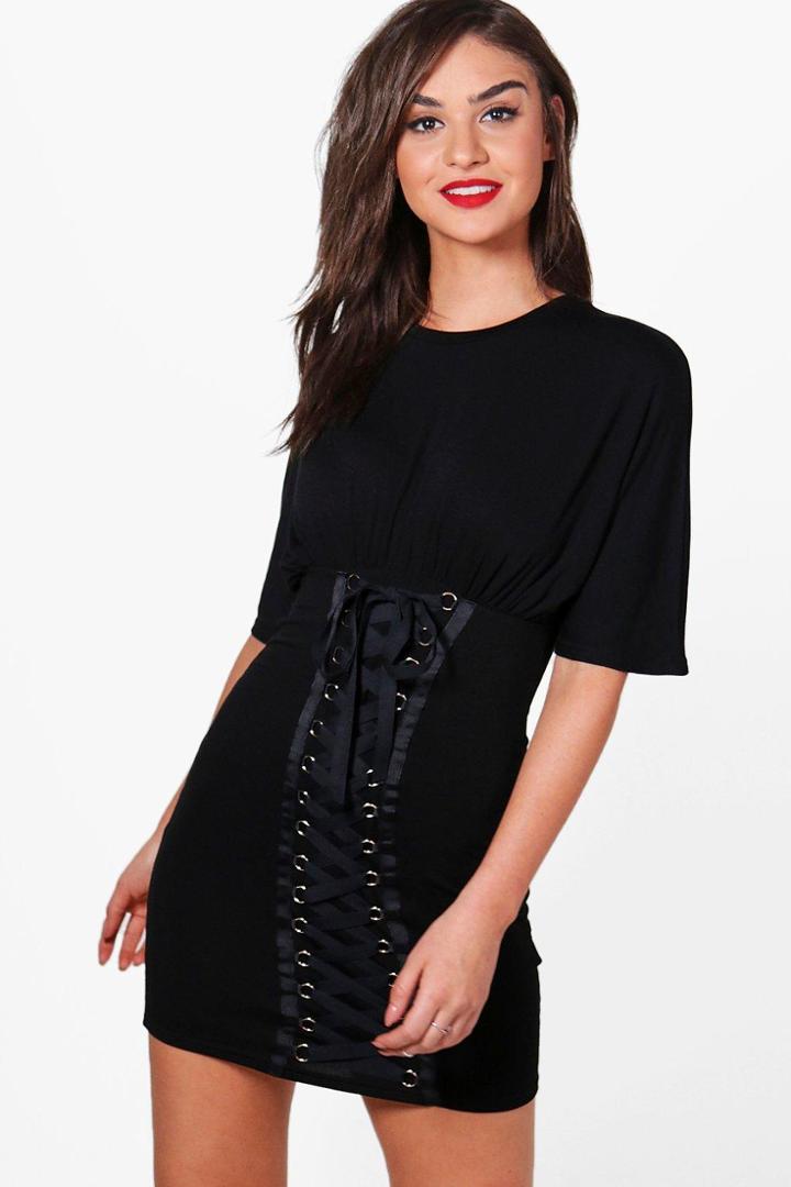 Boohoo Elle Extreme Eyelet Lace Up Detail Bodycon Dress Black