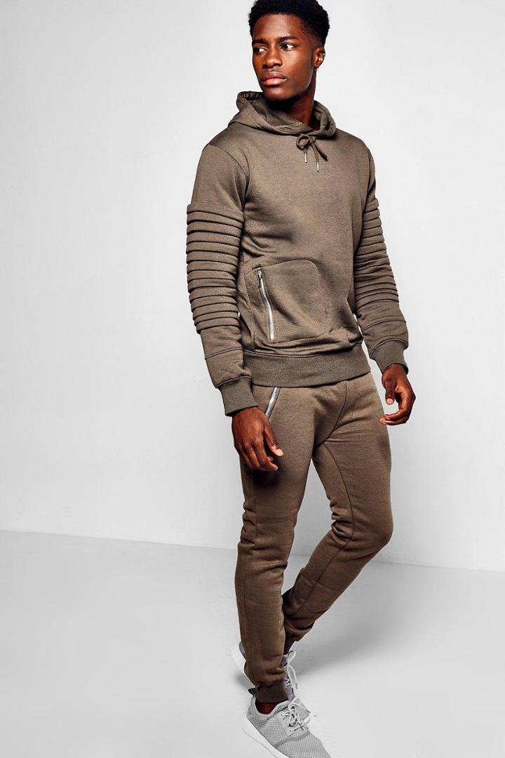 Boohoo Skinny Fit Biker Panel Tracksuit Khaki