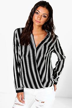 Boohoo Tall Ella Woven Stripe Wrap Front Blouse