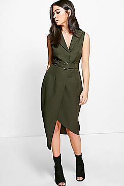 Boohoo Emma Tailored Belted Woven Midi Dress