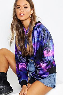 Boohoo Tropical Palm Print Satin Bomber Jacket