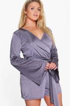 Boohoo Plus Alana Slinky Flared Sleeve Tie Playsuit Smoke