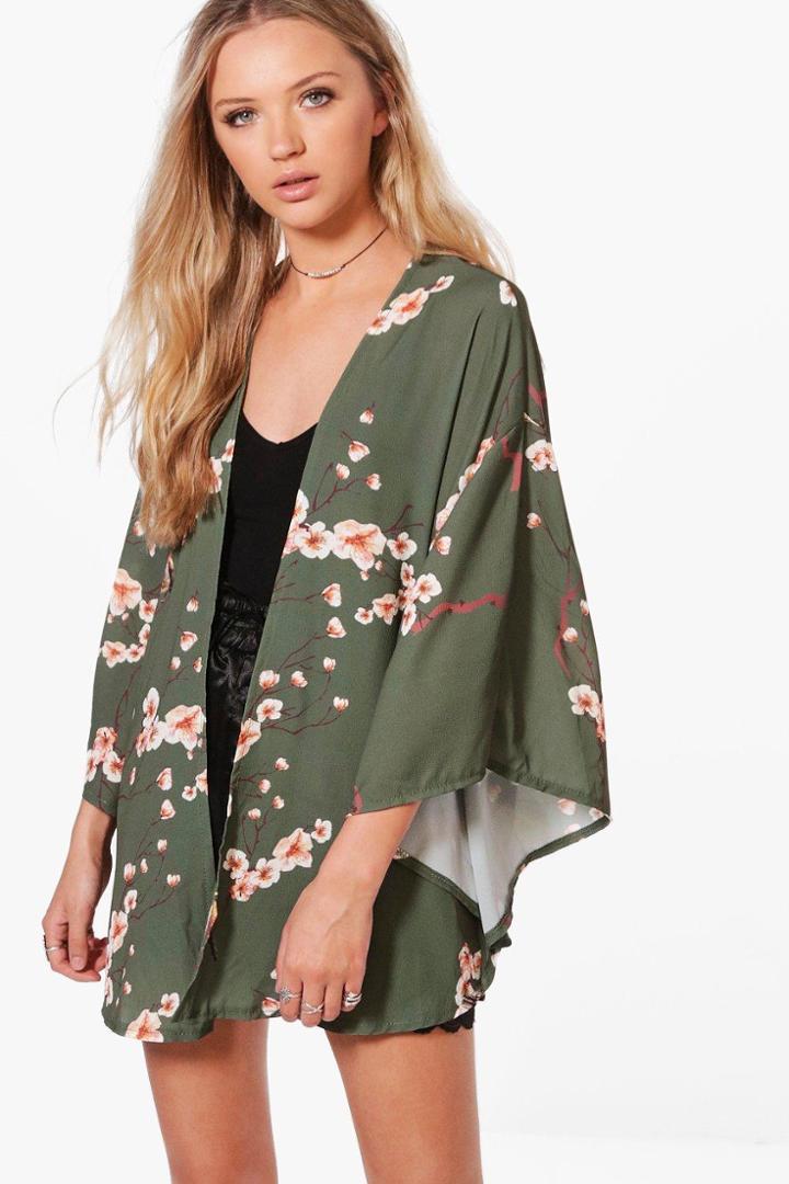Boohoo Milly Oriental Print Kimono Khaki