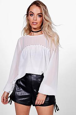 Boohoo Rae Pearl Trim Balloon Sleeve Blouse