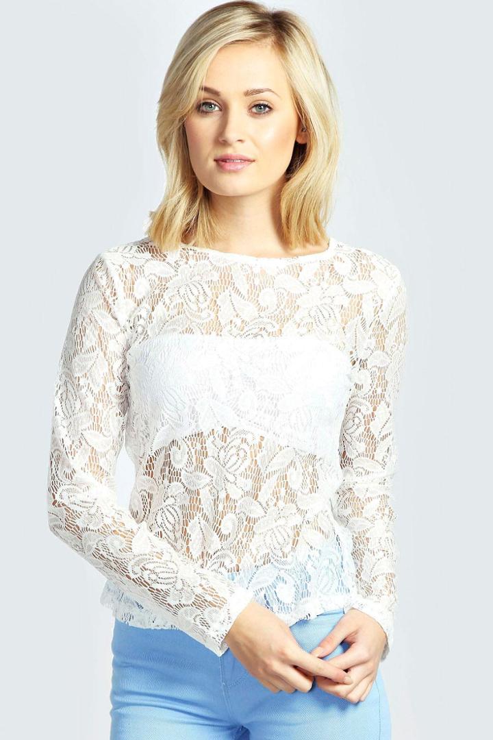 Boohoo Sherry Allover Lace Long Sleeve Woven Top - White