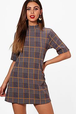 Boohoo Petite Josie Turtle Neck Check Shift Dress
