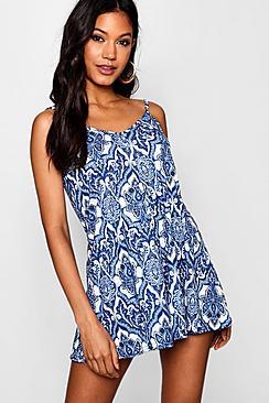 Boohoo Blue Paisley Swing Playsuit