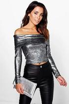 Boohoo Heidi Metallic Off The Shoulder Long Sleeve Top