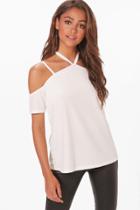 Boohoo Shama Strappy Neck Cold Shoulder Top Ivory