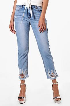 Boohoo Faye Destroyed Hem Low Rise Jeans