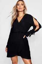 Boohoo Plus Tie Sleeve Wrap Front Shirt Dress