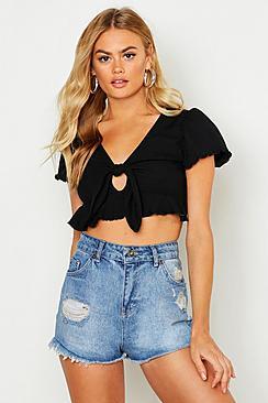 Boohoo Tie Front Ribbed Lettuce Hem Top