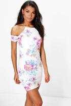 Boohoo Thea Floral Cold Shoulder Strappy Bodycon Dress Ivory