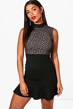 Boohoo Rosa High Neck Lace Frill Hem Bodycon Dress