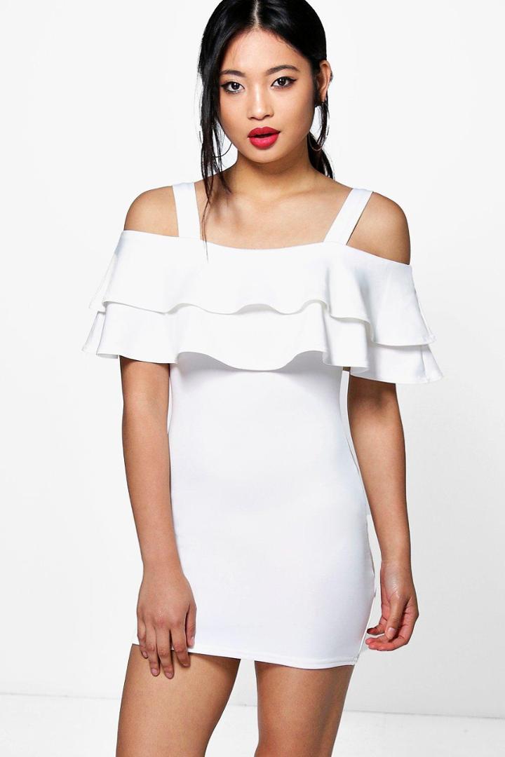 Boohoo Petite Jessica Bardot Strappy Frill Dress Ivory