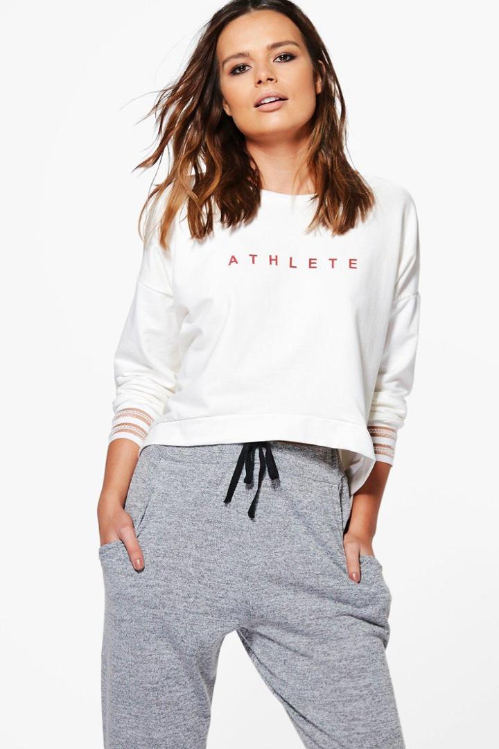 Boohoo Christel Slogan Dipped Hem Sweatshirt White