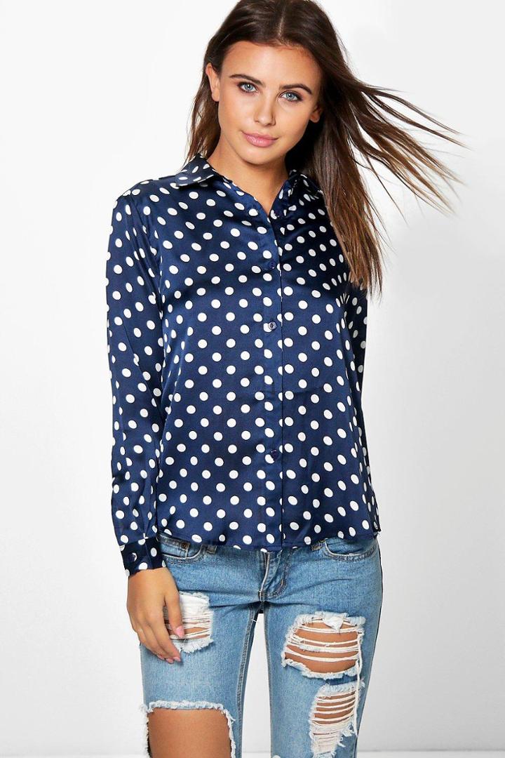 Boohoo Petite Dora Spot Print Shirt Navy