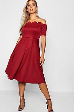 Boohoo Plus Scallop Off Shoulder Midi Skater Dress