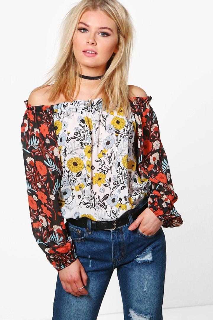 Boohoo Mila Mixed Print Bardot Top Multi