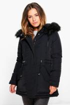 Boohoo Petite Lilly Luxe Parka With Faux Fur Hood Black