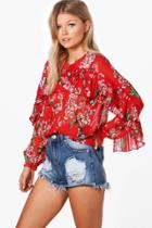 Boohoo Petite Alexis Frill Front Long Sleeve Floral Top Multi
