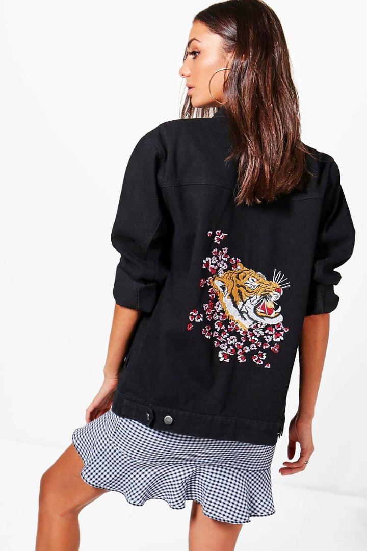 Boohoo Tall Jane Denim Tiger Embroidered Jacket Black