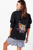 Boohoo Tall Jane Denim Tiger Embroidered Jacket Black